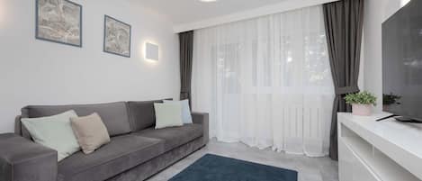 Ett modernt vardagsrum med en grå soffa, en blå matta, en platt-TV och ett stort fönster med tunna, genomskinliga gardiner.