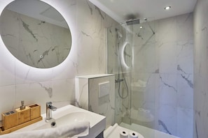 Shower, hair dryer, towels