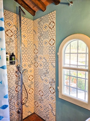 Shower, hair dryer, towels, soap