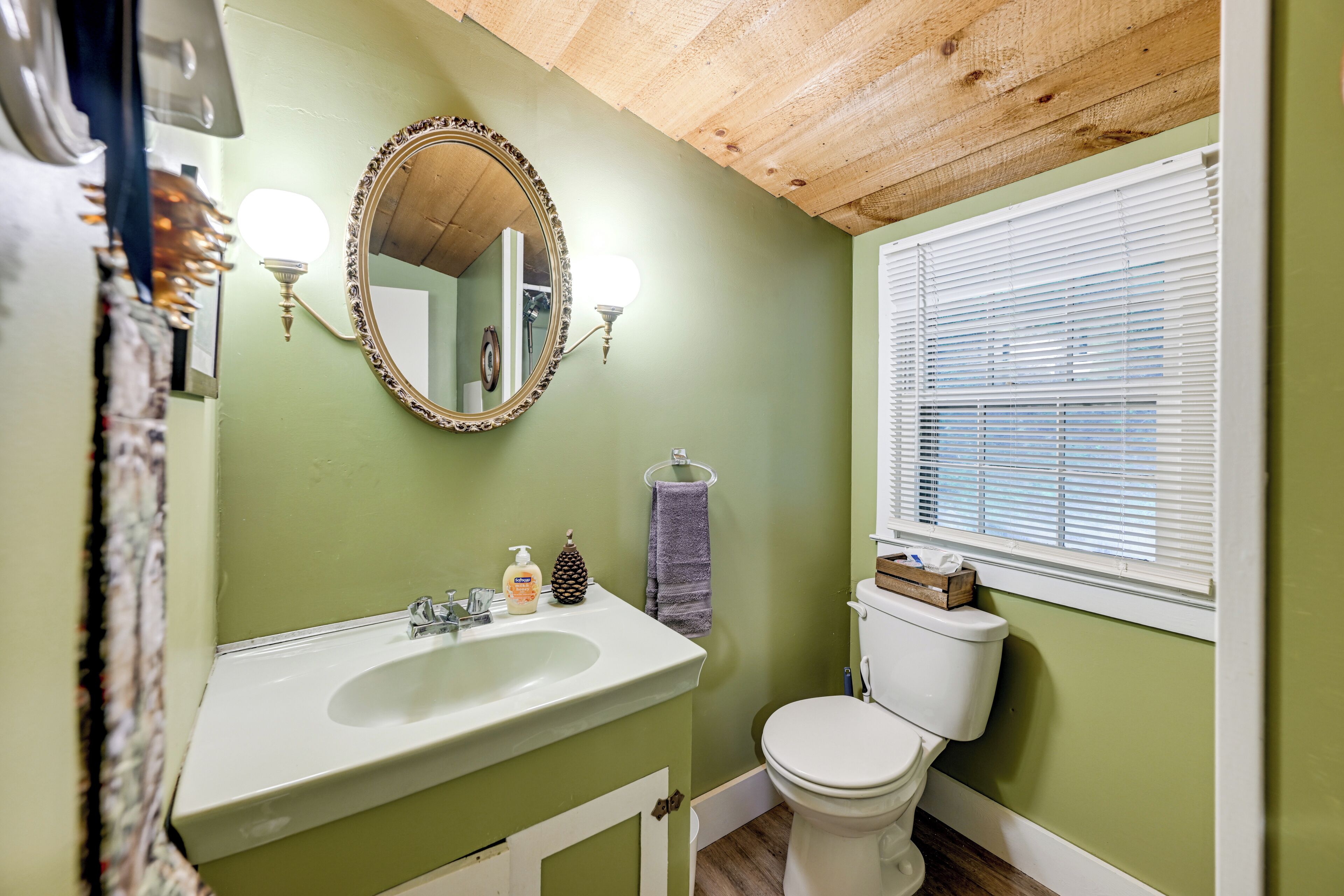 Un bagno con parete verde, lavandino bianco e water. Si vede uno specchio con cornice decorativa e applique a parete.