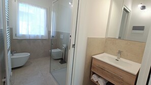 Shower, hair dryer, bidet, towels