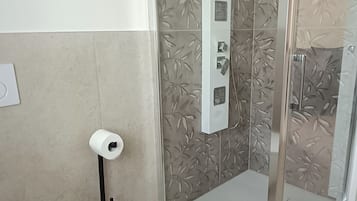 Shower, hair dryer, bidet, towels