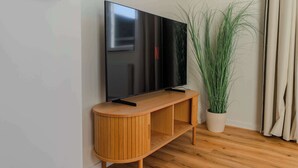 Seinää vasten on sijoitettu puinen tv-taso, ja sen päälle on asennettu litteänäyttöinen televisio. Tason vieressä on korkea, ruukussa kasvava huonekasvi.