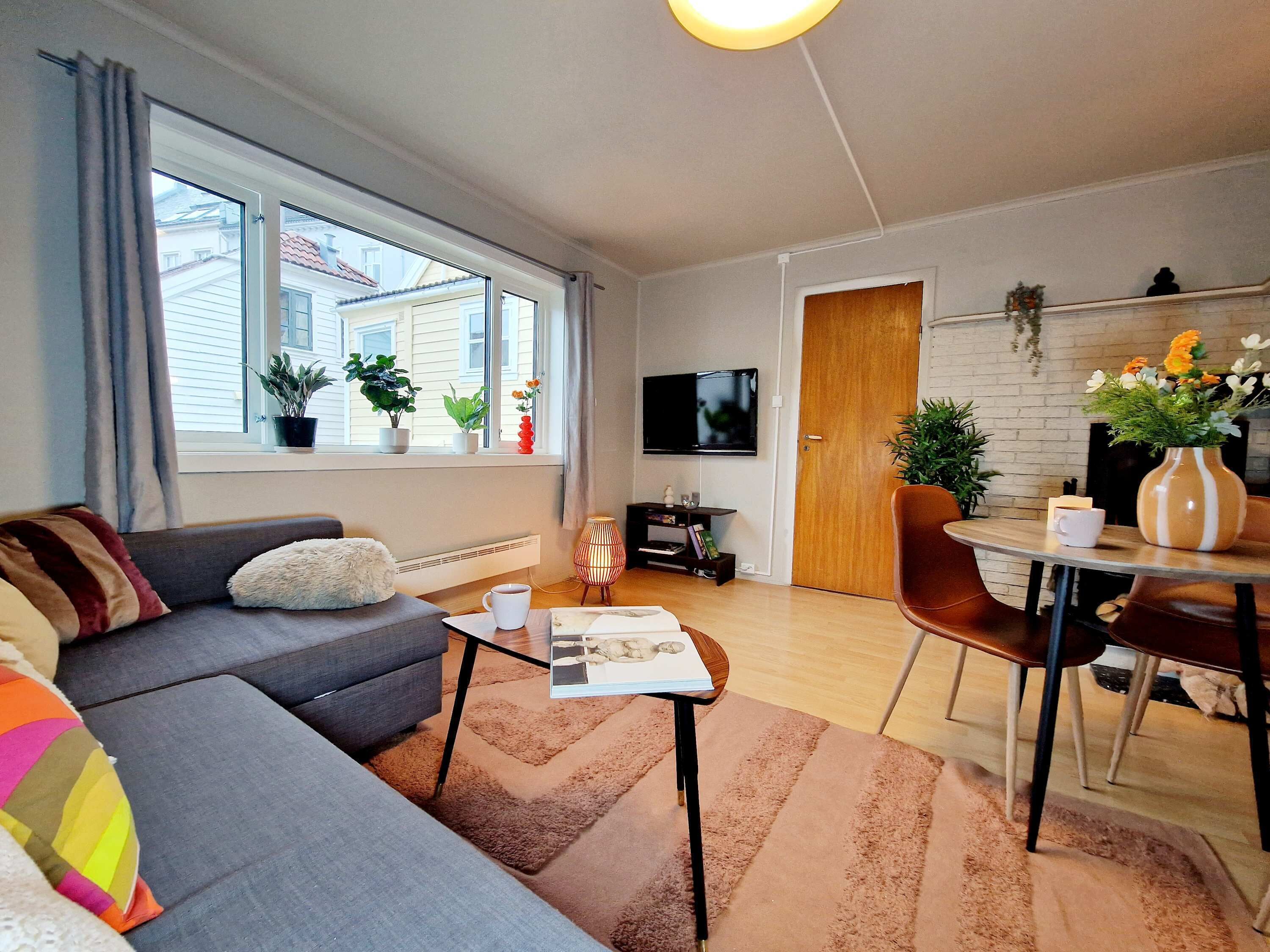 Una sala de estar moderna con sofá, mesa de centro y mesa de comedor. Hay plantas en macetas en el alféizar de la ventana y una chimenea al fondo.