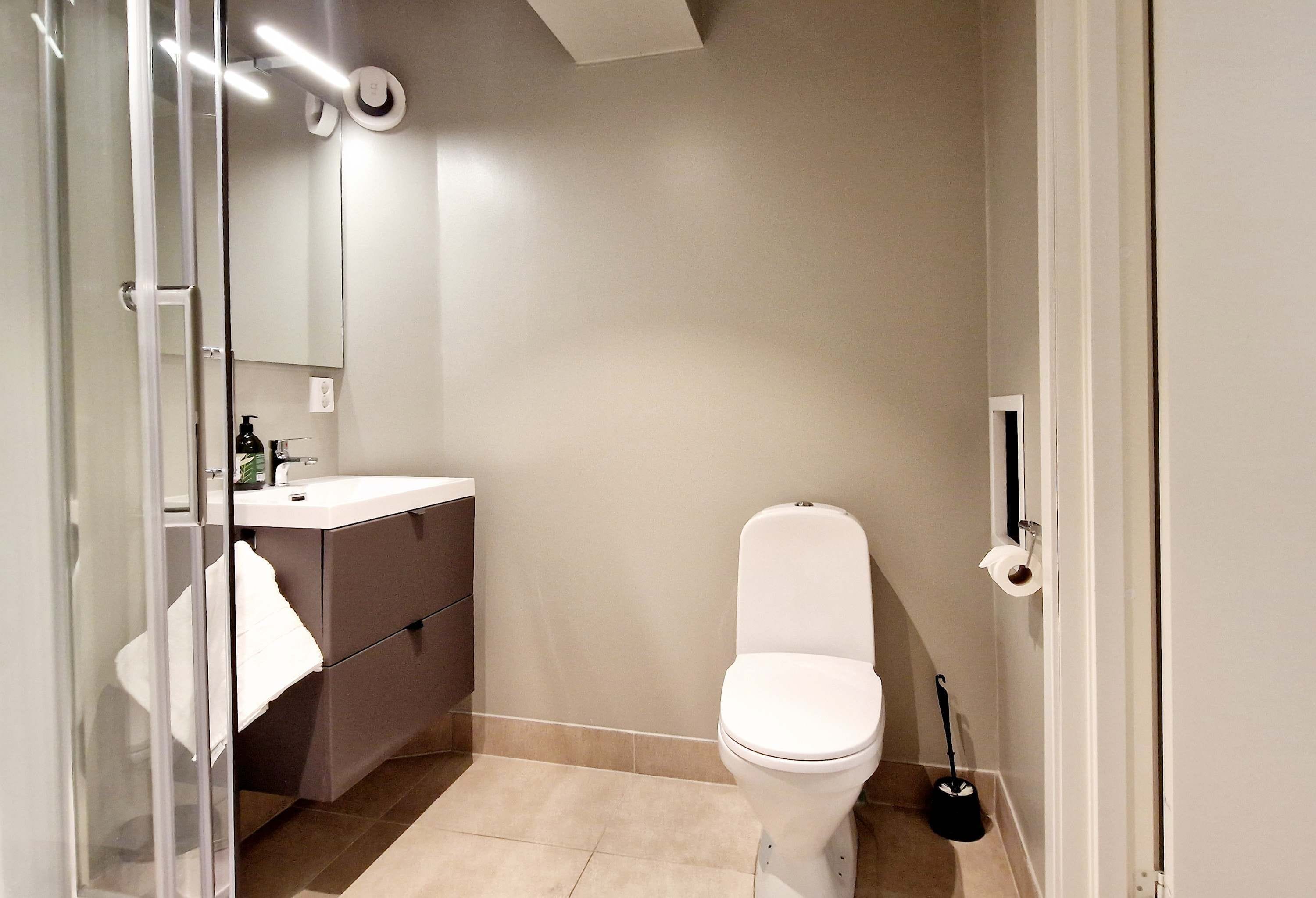 A modern bathroom with a toilet, sink, and glass shower enclosure.