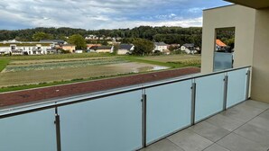 Un balcon donnant sur un quartier résidentiel, avec vue sur des maisons et un champ.
