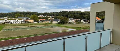 Un balcon donnant sur un quartier résidentiel, avec vue sur des maisons et un champ.