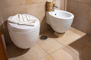 Shower, bidet, towels, shampoo