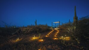 Un espace extérieur aménagé pour la nuit, avec un sentier illuminé par des lanternes menant à une structure couverte.