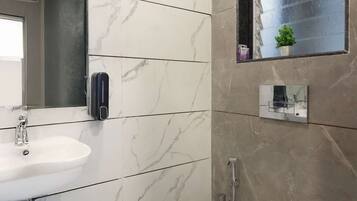 Shower, hair dryer, towels