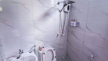Shower, hair dryer, bidet, towels