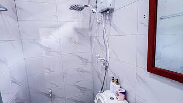 Hair dryer, bidet, towels, soap