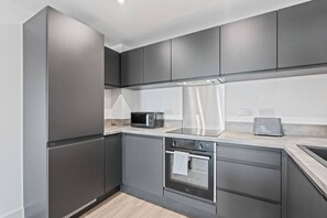 Fridge, microwave, oven, stovetop