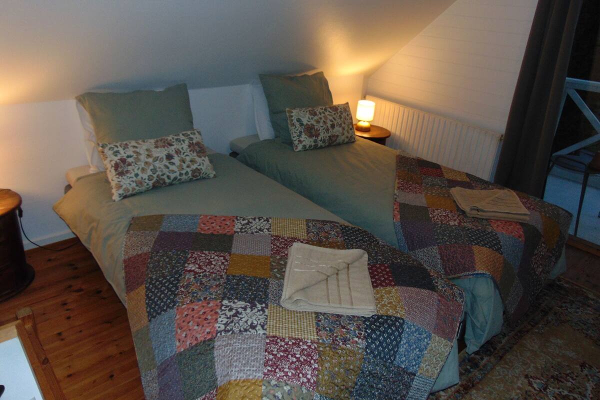 A bedroom with two beds, each with a quilt and pillows. There is a nightstand with a lamp between the beds.