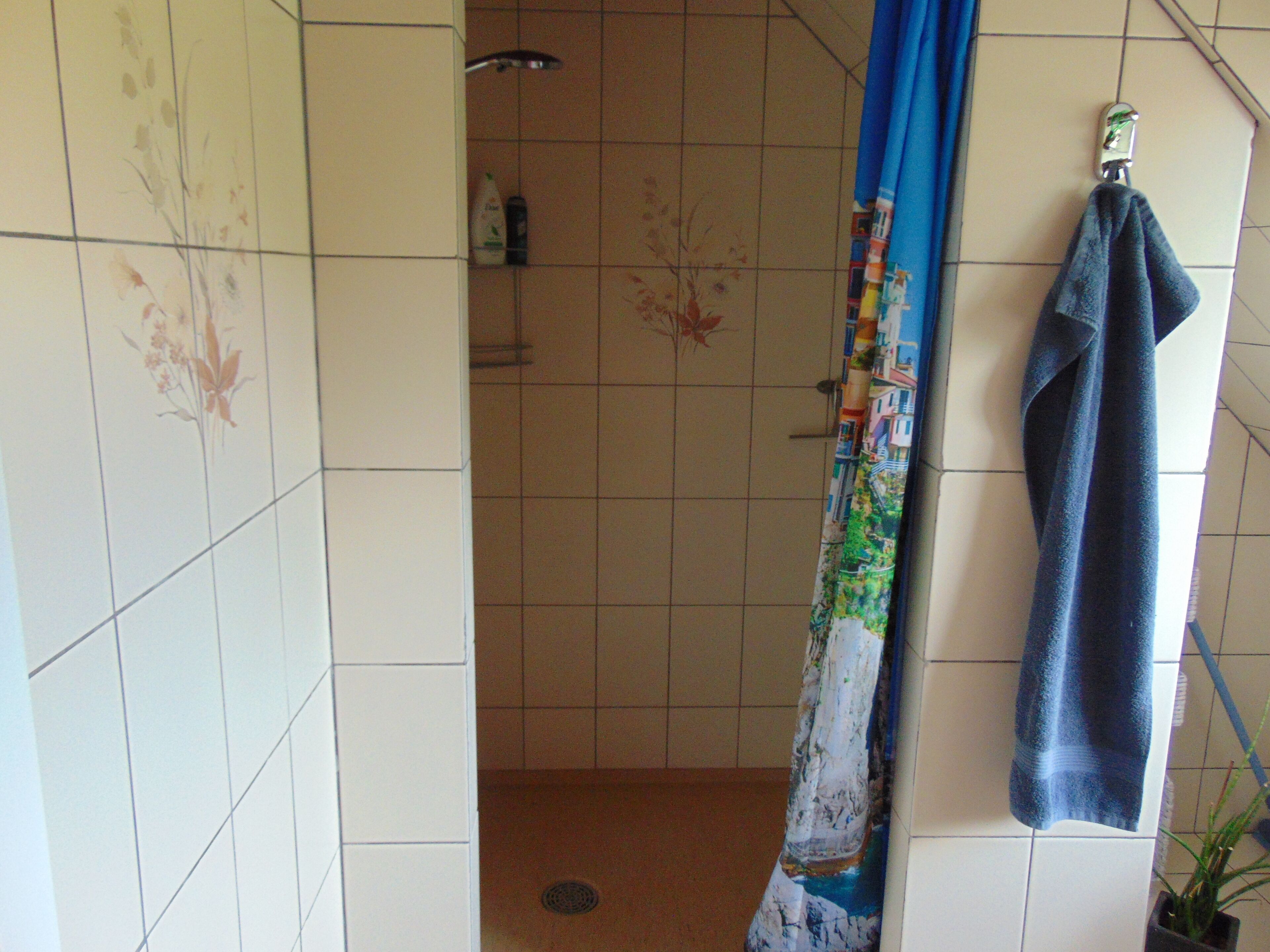 A bathroom with a shower, tiled walls, a hanging towel, and a potted plant.