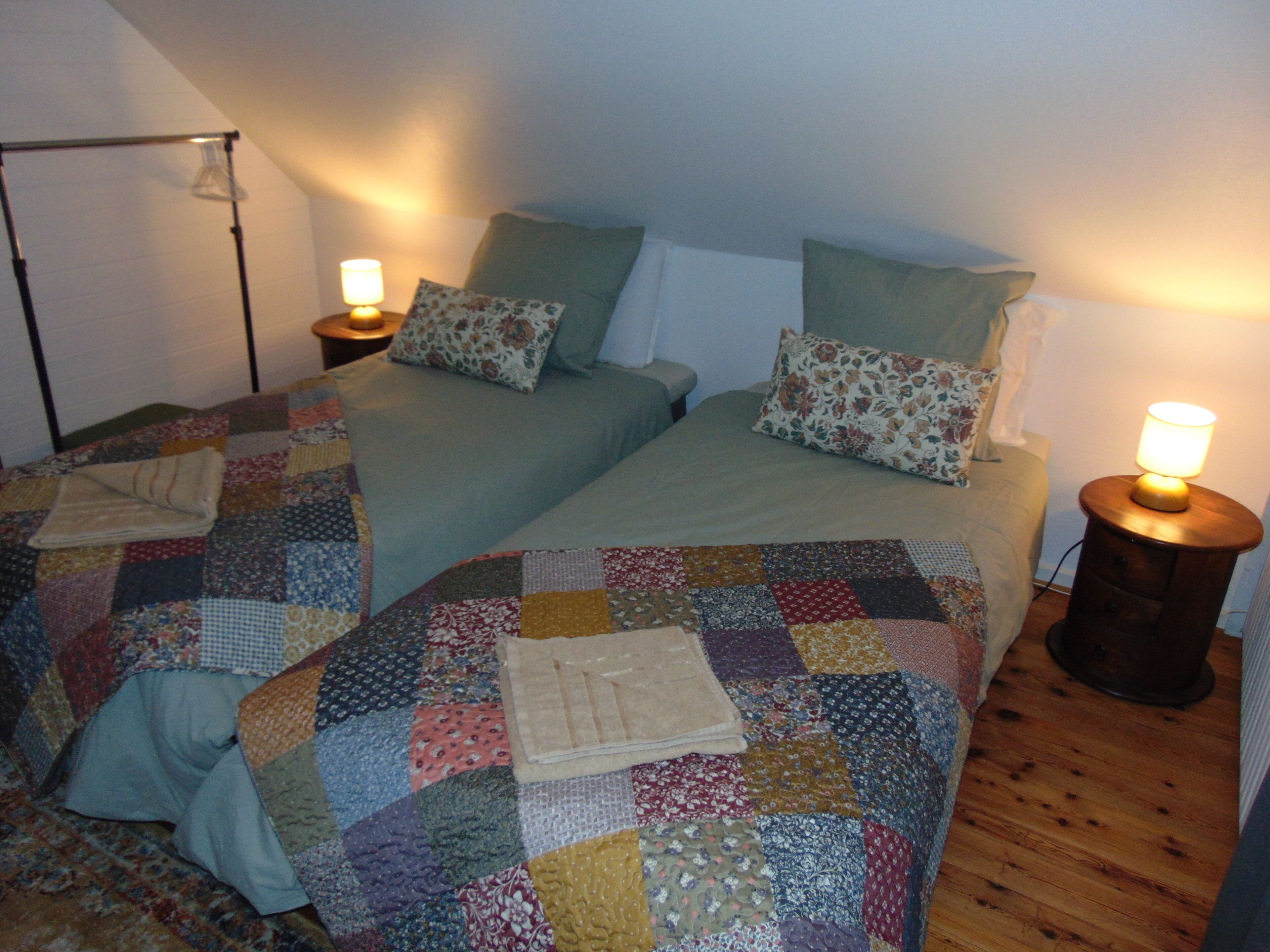 A bedroom with two beds, each with a quilt and pillows, and bedside lamps.