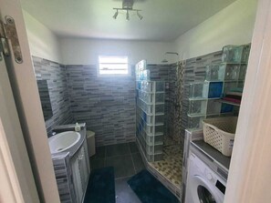 Shower, towels, soap, toilet paper