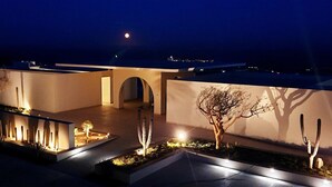 Una vista notturna di un edificio moderno con un cortile interno, che include un giardino di cactus e un cielo illuminato dalla luna.