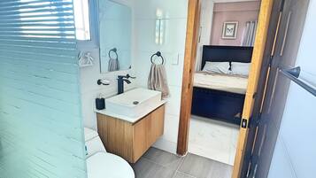 Chuveiro, secador de cabelo, toalhas de banho, sabonete