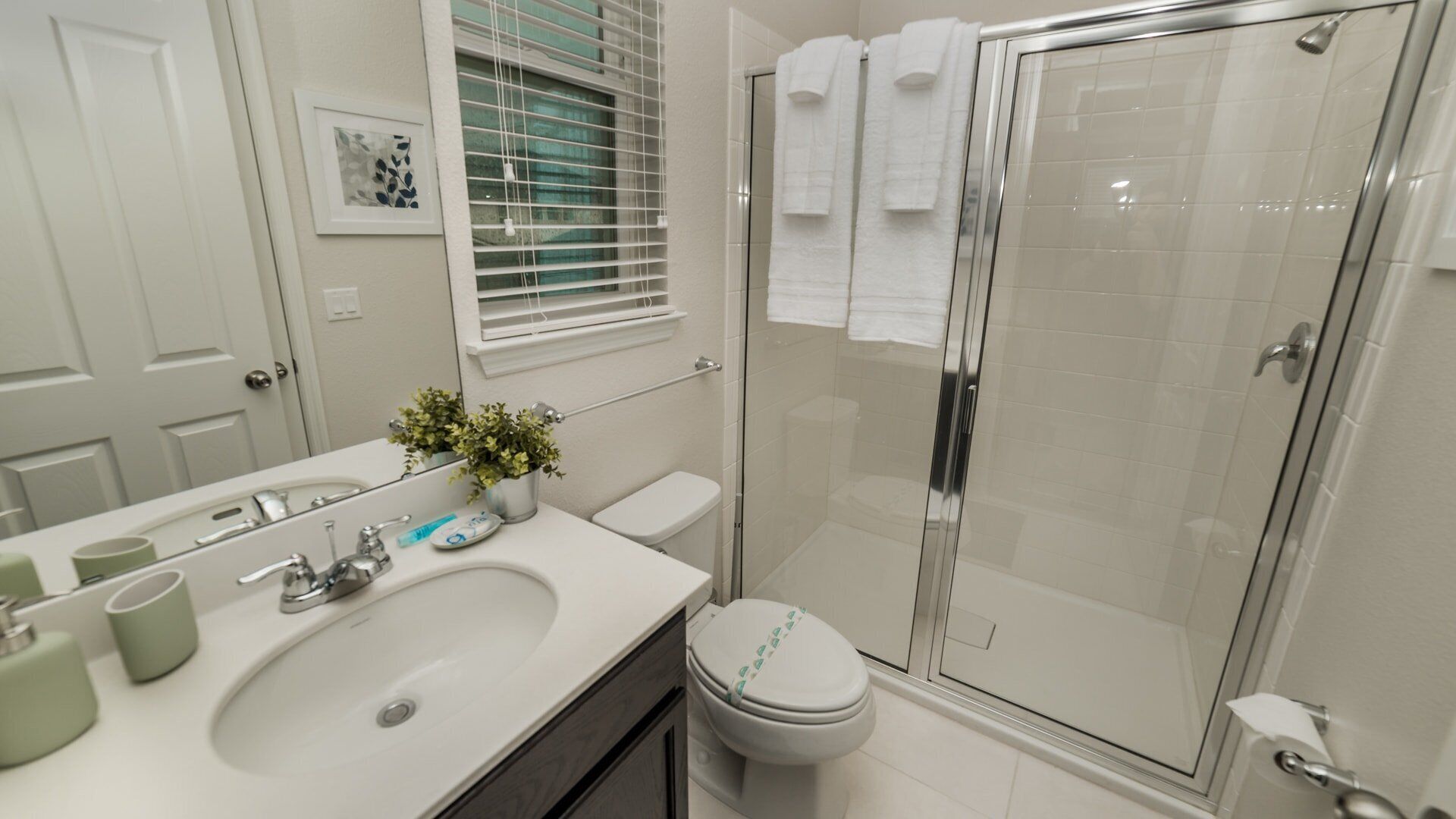 A modern bathroom with a glass shower enclosure, a white toilet, and a sink with a mirror.