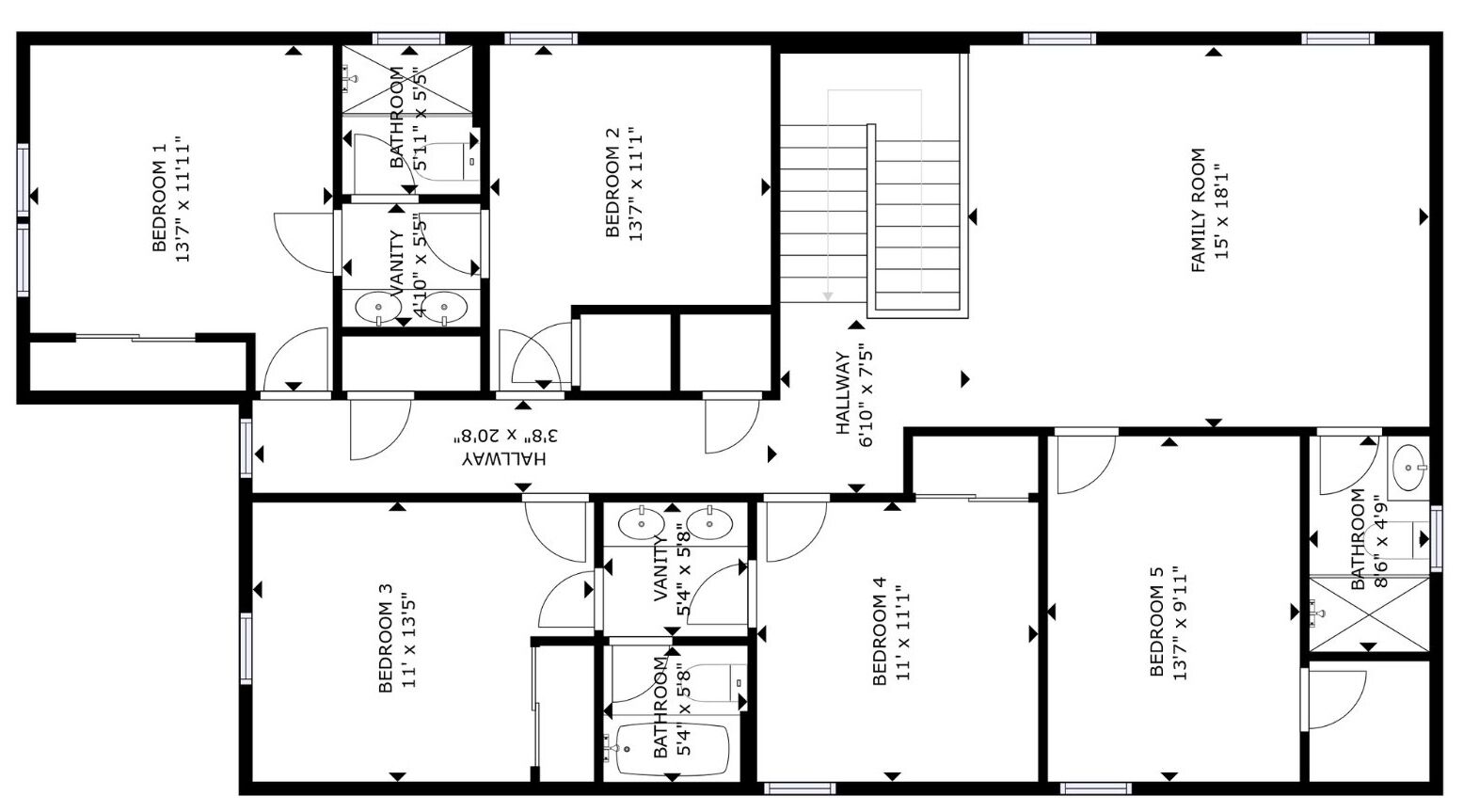 A floor plan of a hotel with five bedrooms, two bathrooms, a hallway, and a family room.