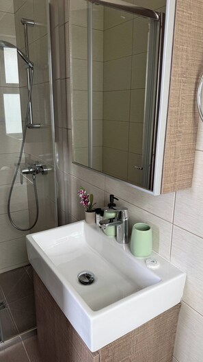 A bathroom with a white sink, a handheld showerhead, a mirror, and a potted plant.