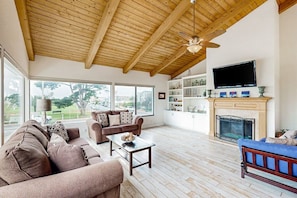 Smart TV, fireplace, DVD player, books