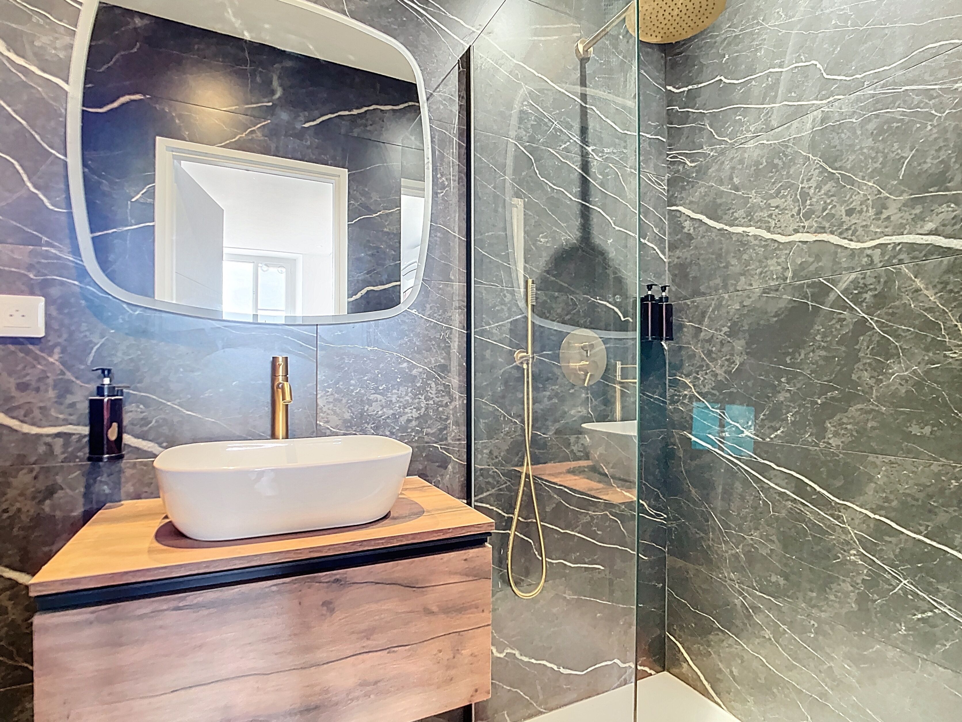 Shower, hair dryer, soap