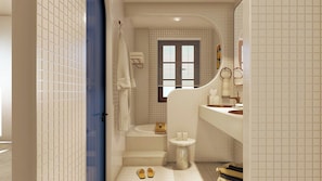 Baignoire et douche séparées, sèche-cheveux, chaussons