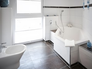 Shower, hair dryer, towels