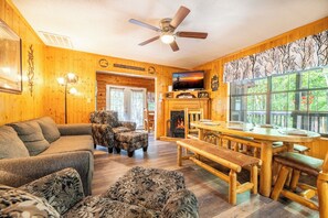 TV, fireplace, DVD player, table football