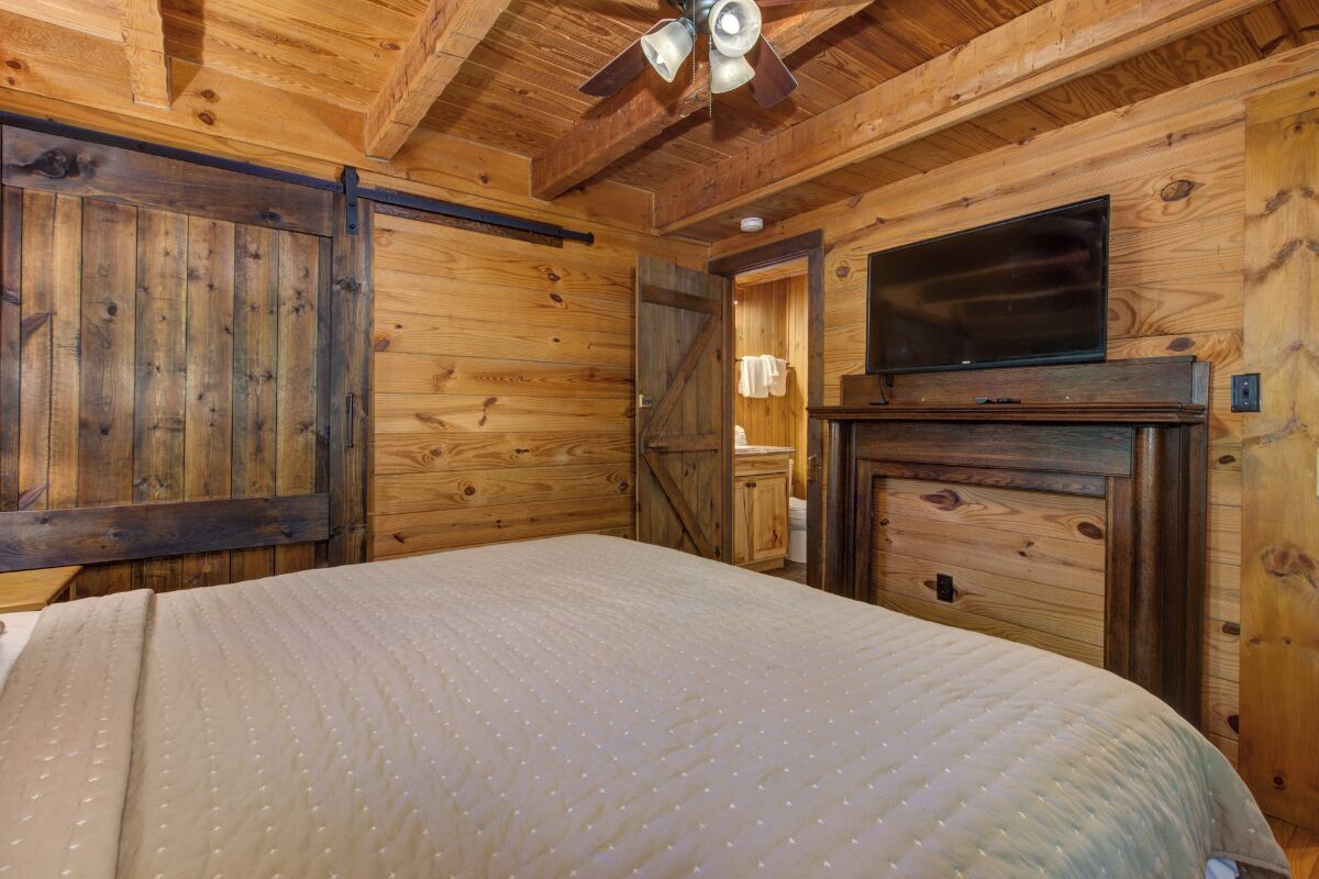 Habitació de cabana de fusta amb un llit, una televisió i una xemeneia.