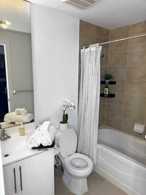 Hair dryer, towels, soap, toilet paper