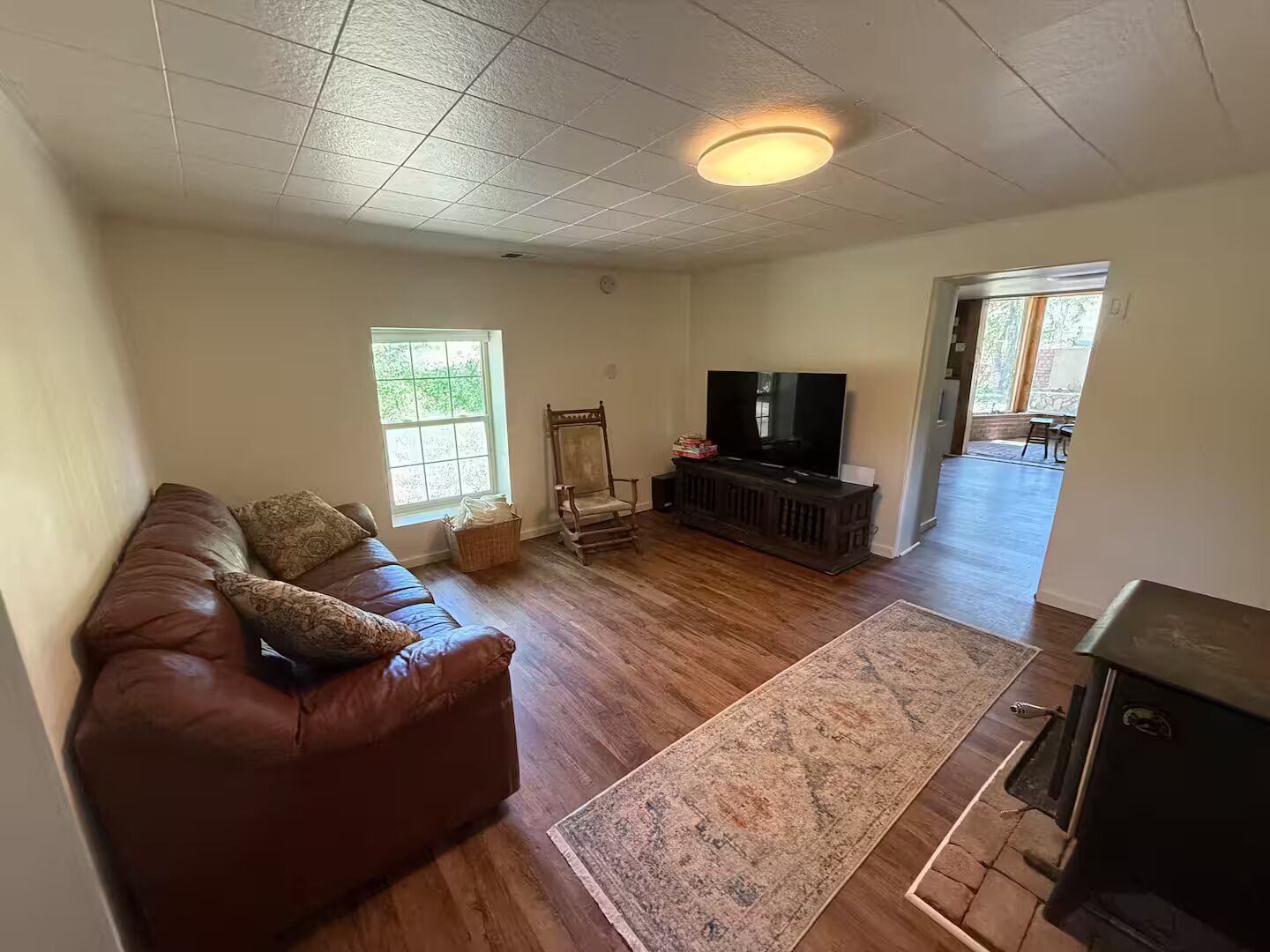 TV, fireplace, books