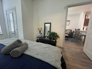 1 bedroom, desk, iron/ironing board, travel cot