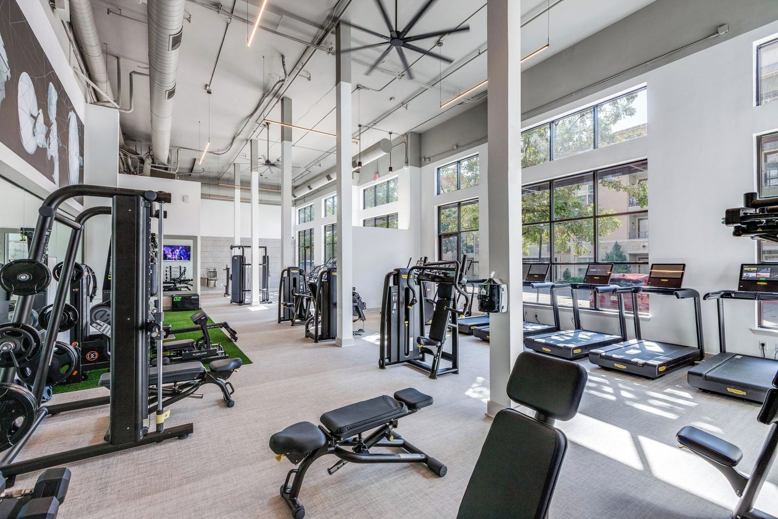 A spacious gym with various exercise equipment, large windows, and a high ceiling.