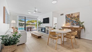 TV, fireplace, books