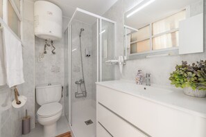 Douche, séchoir à cheveux, serviettes fournies