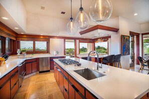Fridge, microwave, oven, stovetop - Champion Ridge 7 by Gather: Oceanview Estate w/ Pool & Hot Tub (Kamuela)