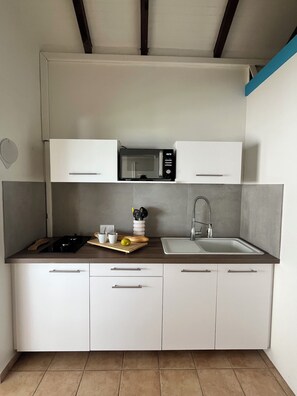 Réfrigérateur, four à micro-ondes, surface de cuisson, cafetière-théière