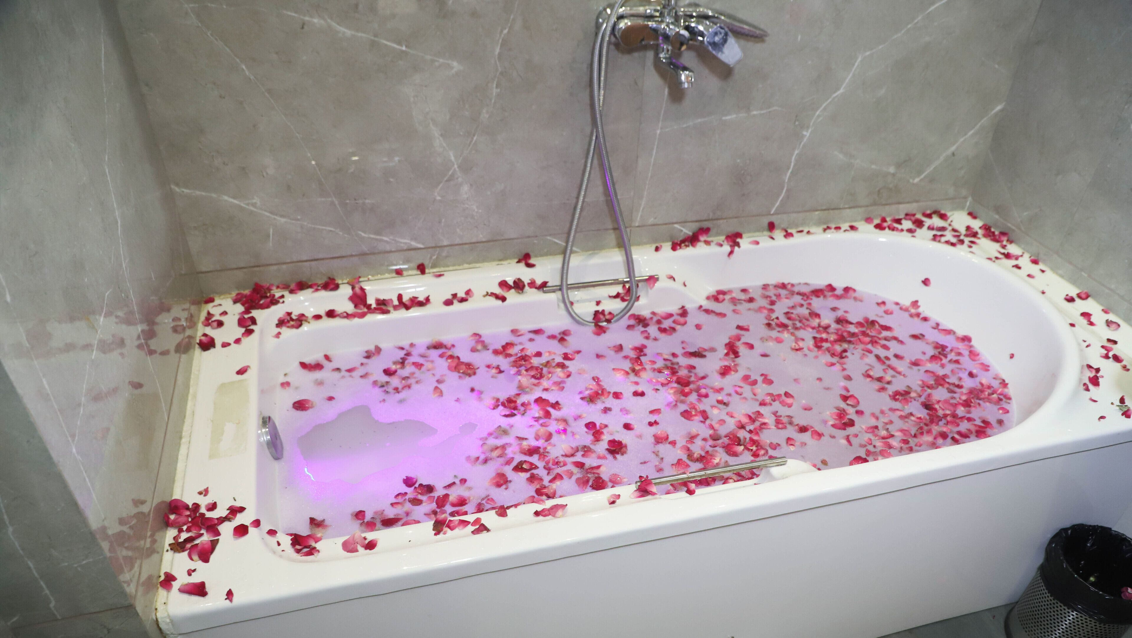 A bathtub filled with rose petals and a handheld showerhead.