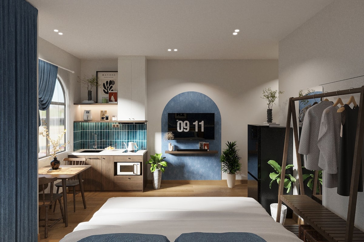 Estudio Deluxe, 1 cama de matrimonio grande, vistas parciales al mar | Ropa de cama hipoalergénica, minibar, escritorio