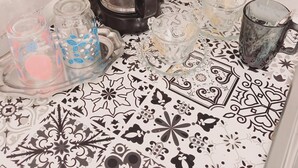 A coffee maker on a patterned tile countertop with several glass cups and a glass jar. - House of la Marsa (La Marsa)