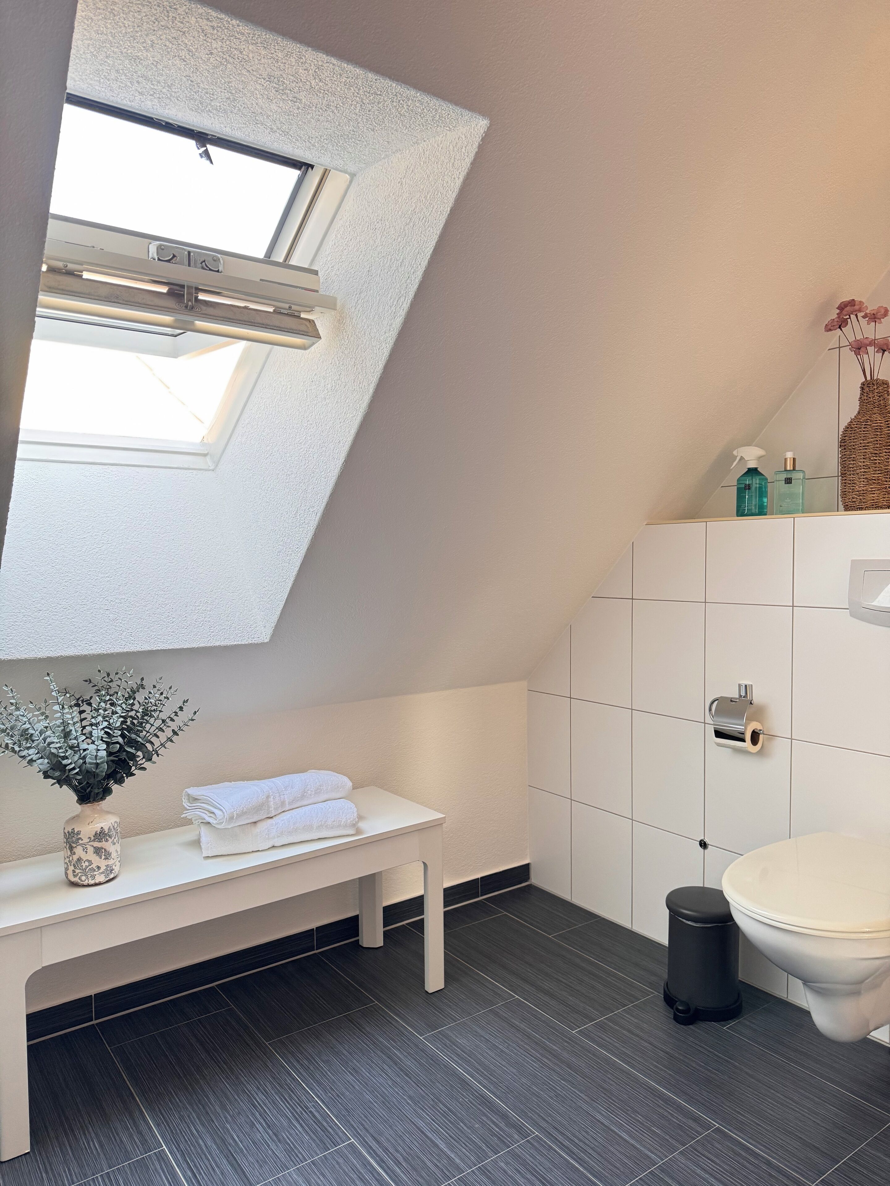 Et moderne badeværelse med ovenlys, hvid kommode og toilet.