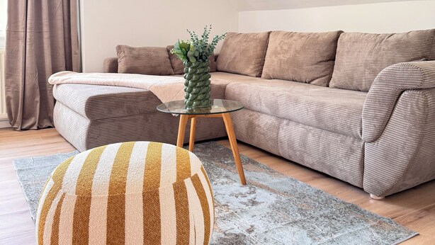 Un salon moderne avec un canapé, un pouf rond, une table basse en verre et une plante suspendue.