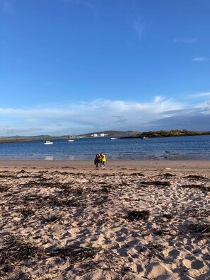 A beach with sand, seaweed, and a group of people in the distance. - The Waterside Apartment, ideal for families (Largs)