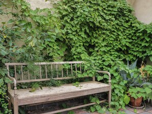 A wooden bench with a metal frame, surrounded by dense green foliage and a potted plant.