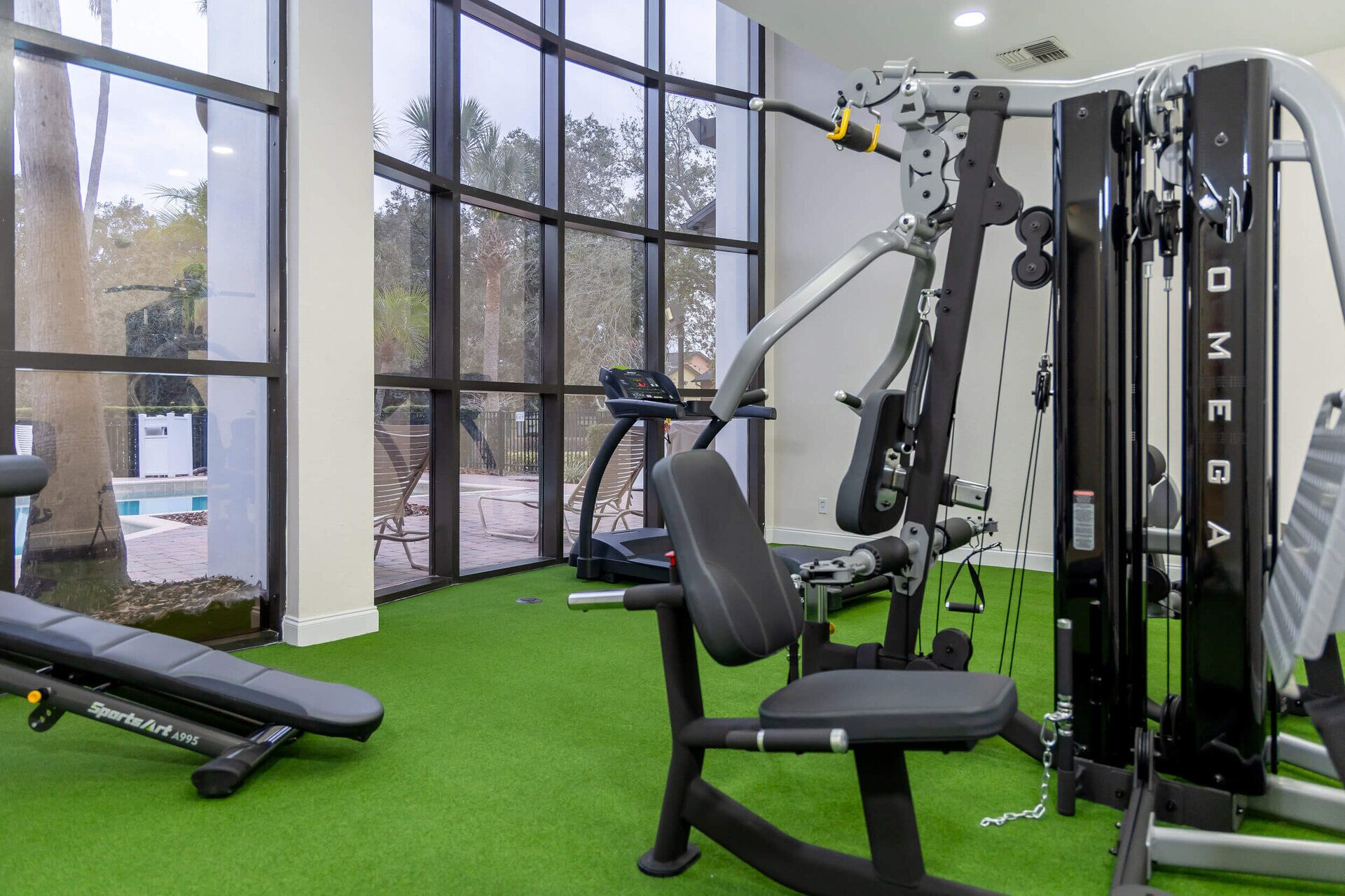 Een sportschool met trainingsapparatuur, grote ramen en een groen tapijt.