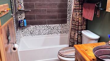 Hair dryer, towels, soap, toilet paper