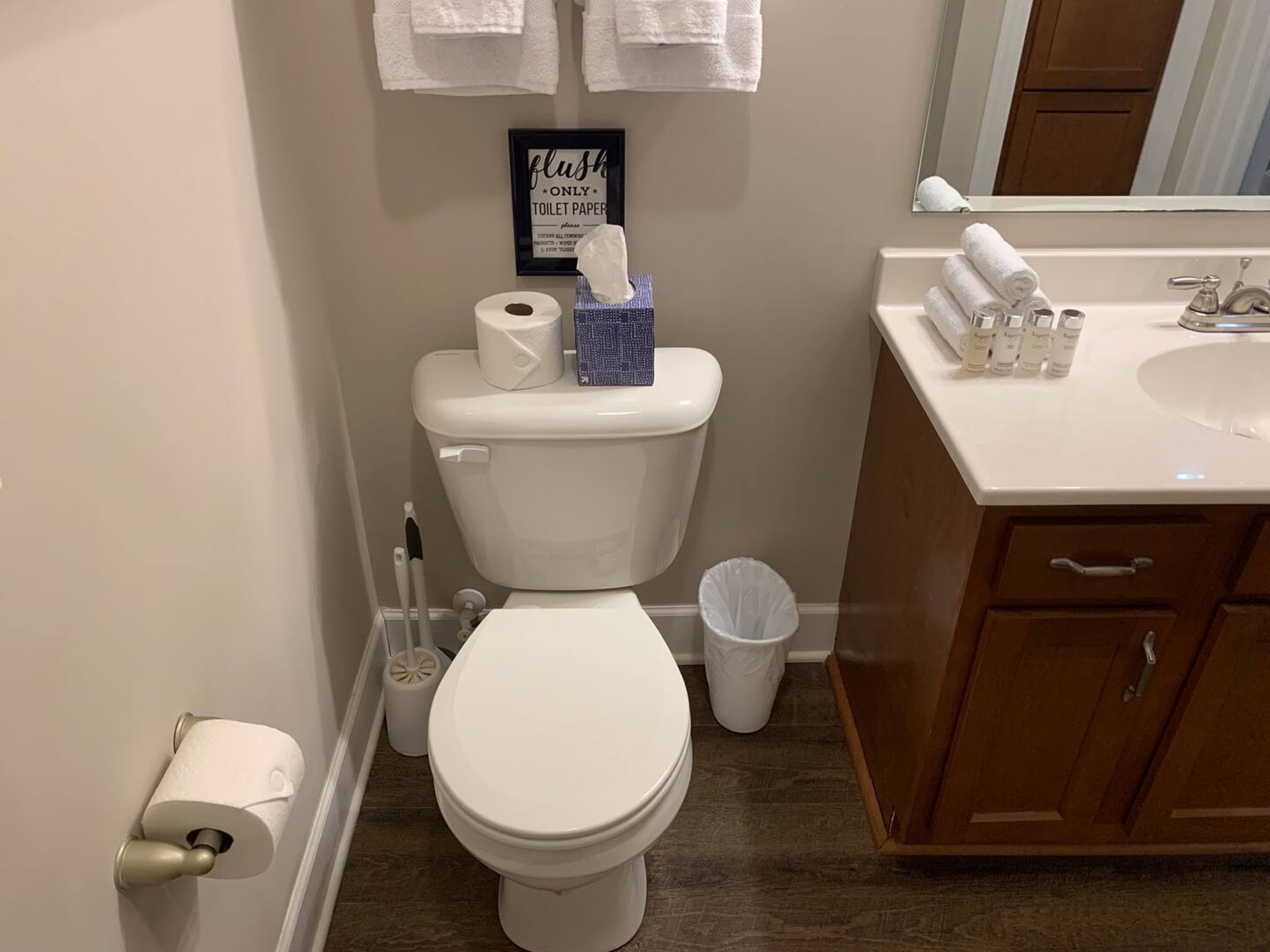 Un baño con inodoro, un rollo de papel higiénico, un cepillo para el inodoro, un cubo de basura y un lavamanos con artículos de tocador.